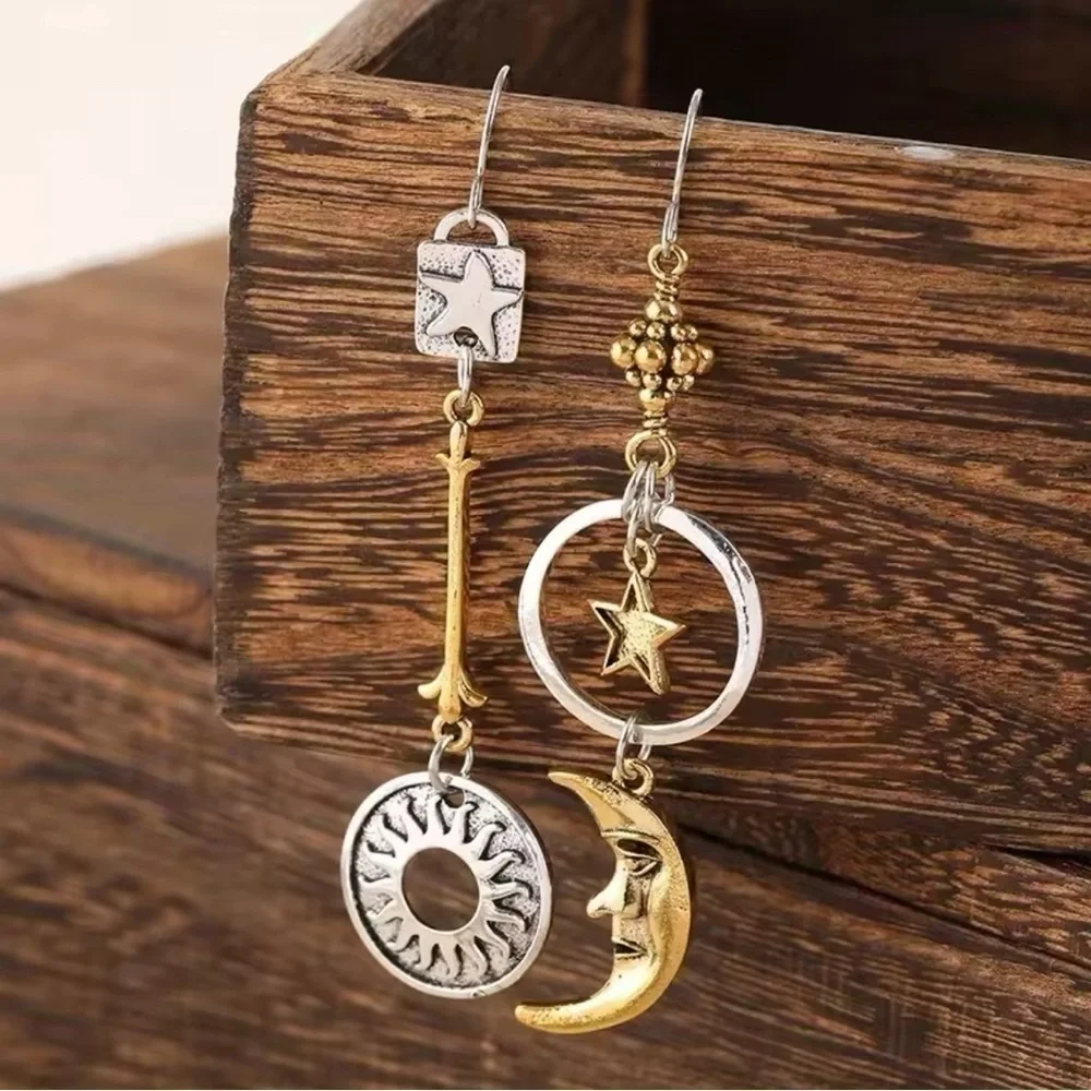 Tibetan Silver Bohemian Sun, Moon, & Stars Pentagram Asymmetrical Drop Earrings